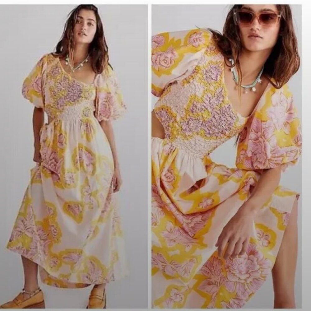 free people kalina printed smocked maxi dress